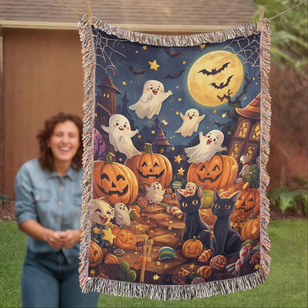 Spooktacular Halloween Fun Woven Blanket - Friendly Ghosts & Black Cats Tapestry