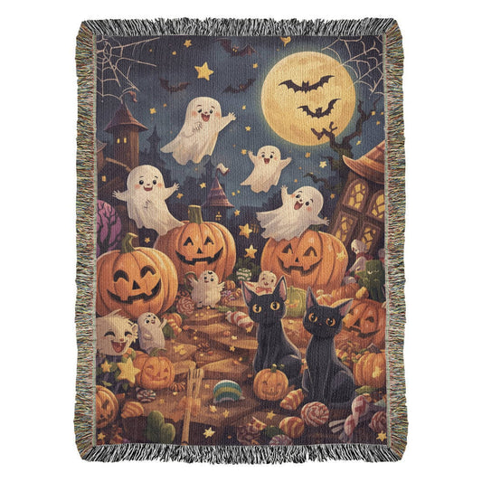 Spooktacular Halloween Fun Woven Blanket - Friendly Ghosts & Black Cats Tapestry