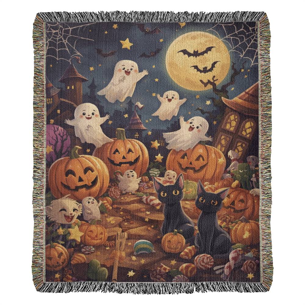 Spooktacular Halloween Fun Woven Blanket - Friendly Ghosts & Black Cats Tapestry