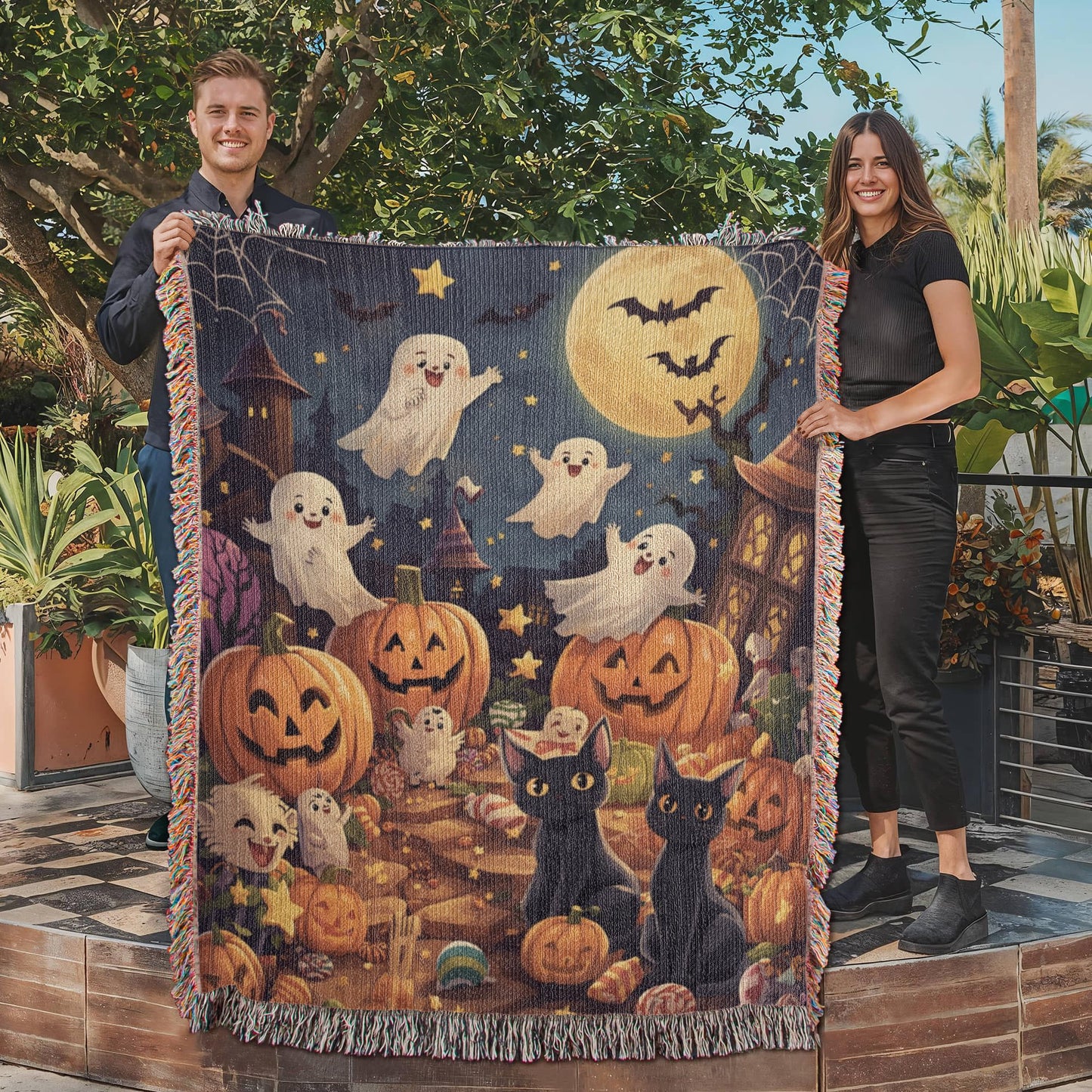 Spooktacular Halloween Fun Woven Blanket - Friendly Ghosts & Black Cats Tapestry