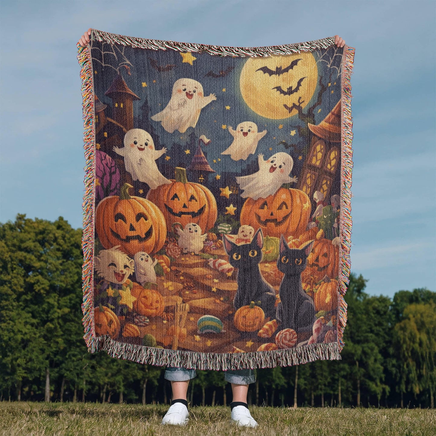 Spooktacular Halloween Fun Woven Blanket - Friendly Ghosts & Black Cats Tapestry