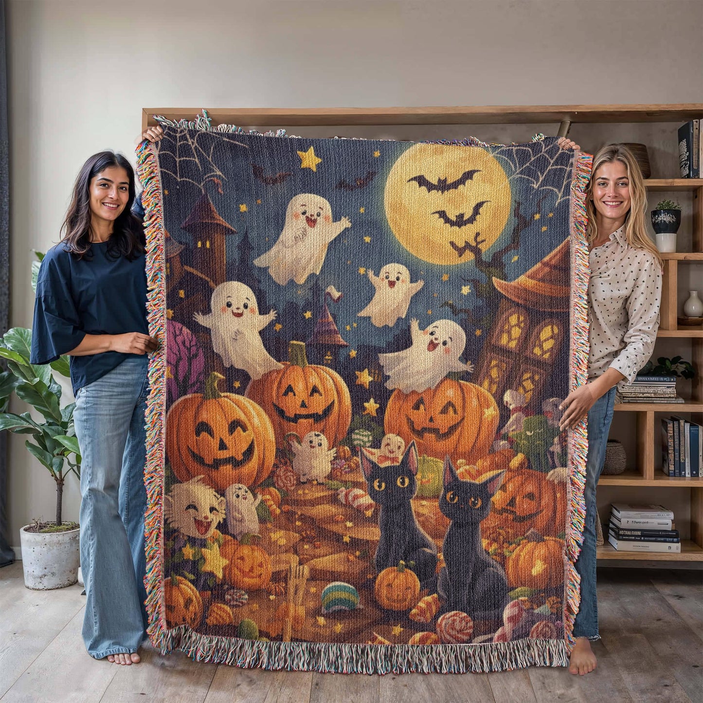 Spooktacular Halloween Fun Woven Blanket - Friendly Ghosts & Black Cats Tapestry