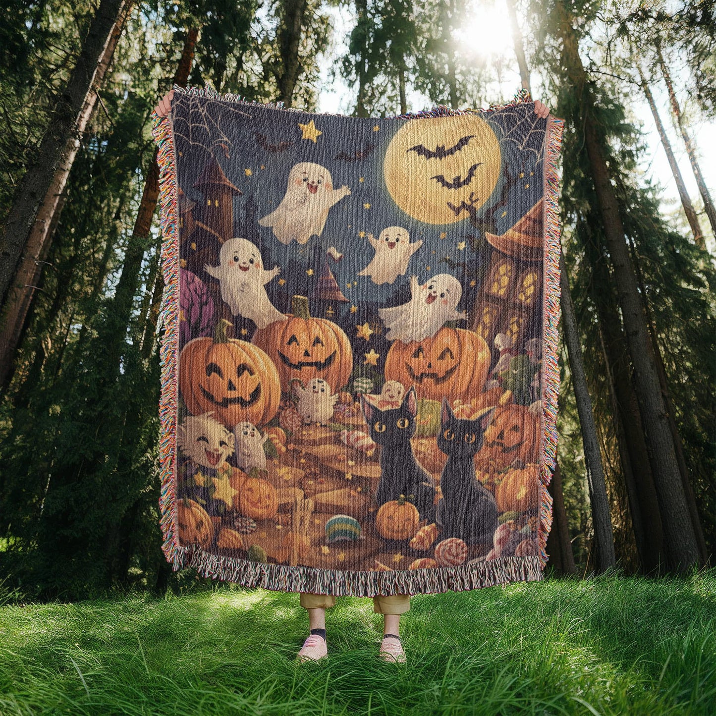 Spooktacular Halloween Fun Woven Blanket - Friendly Ghosts & Black Cats Tapestry