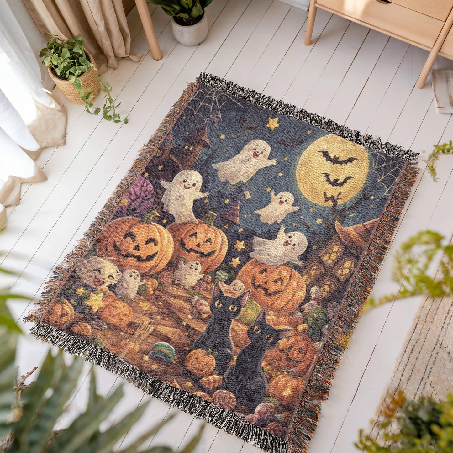 Spooktacular Halloween Fun Woven Blanket - Friendly Ghosts & Black Cats Tapestry