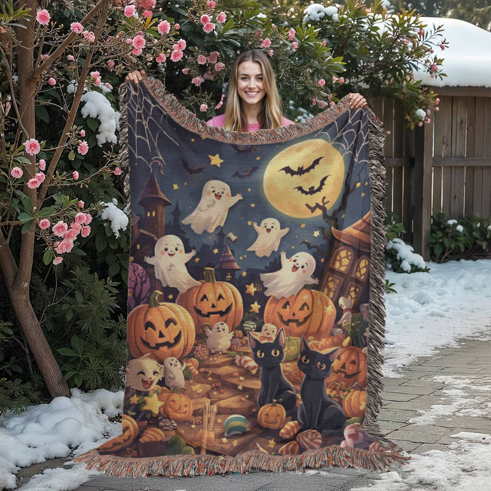 Spooktacular Halloween Fun Woven Blanket - Friendly Ghosts & Black Cats Tapestry