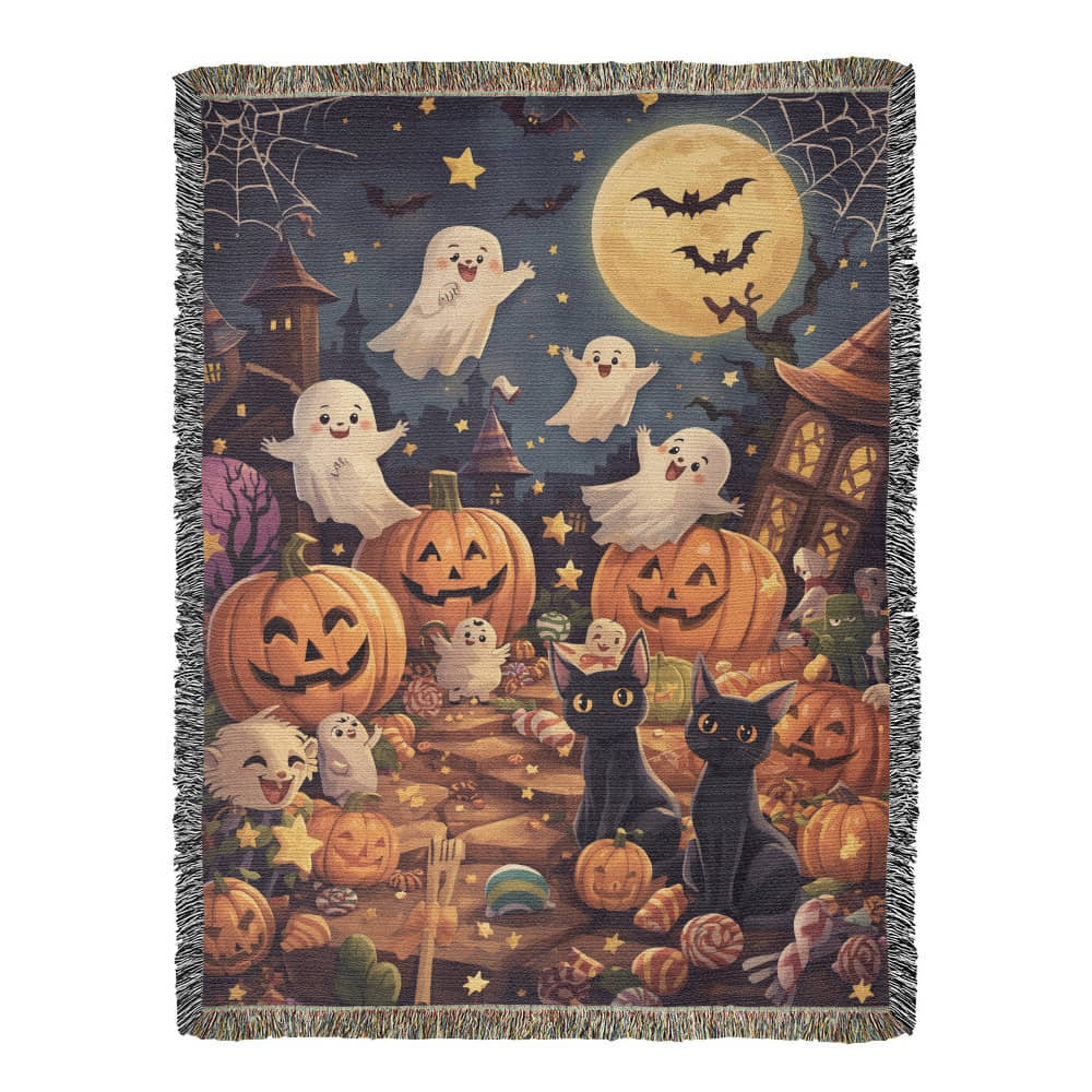 Spooktacular Halloween Fun Woven Blanket - Friendly Ghosts & Black Cats Tapestry