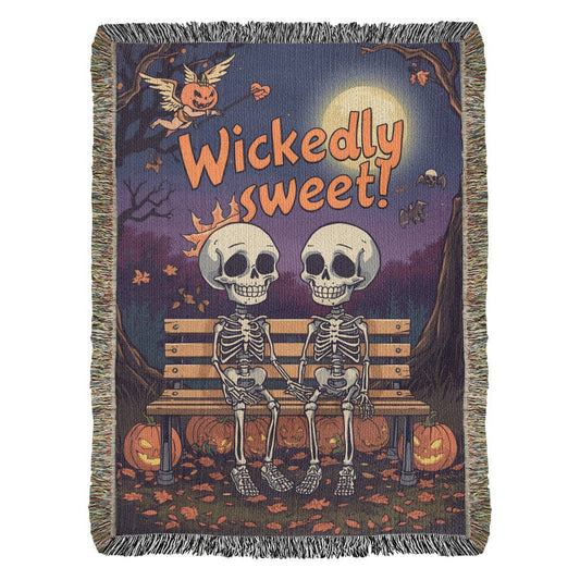 "Wickedly Sweet" Skeleton Couple Woven Tapestry Throw Blanket - Halloween Romance Gift