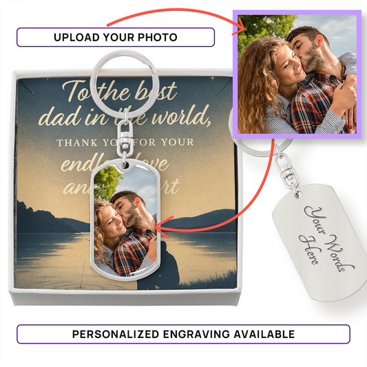 "Custom Photo Keychain Gift for Dad – Personalized Engraving & Message Card"