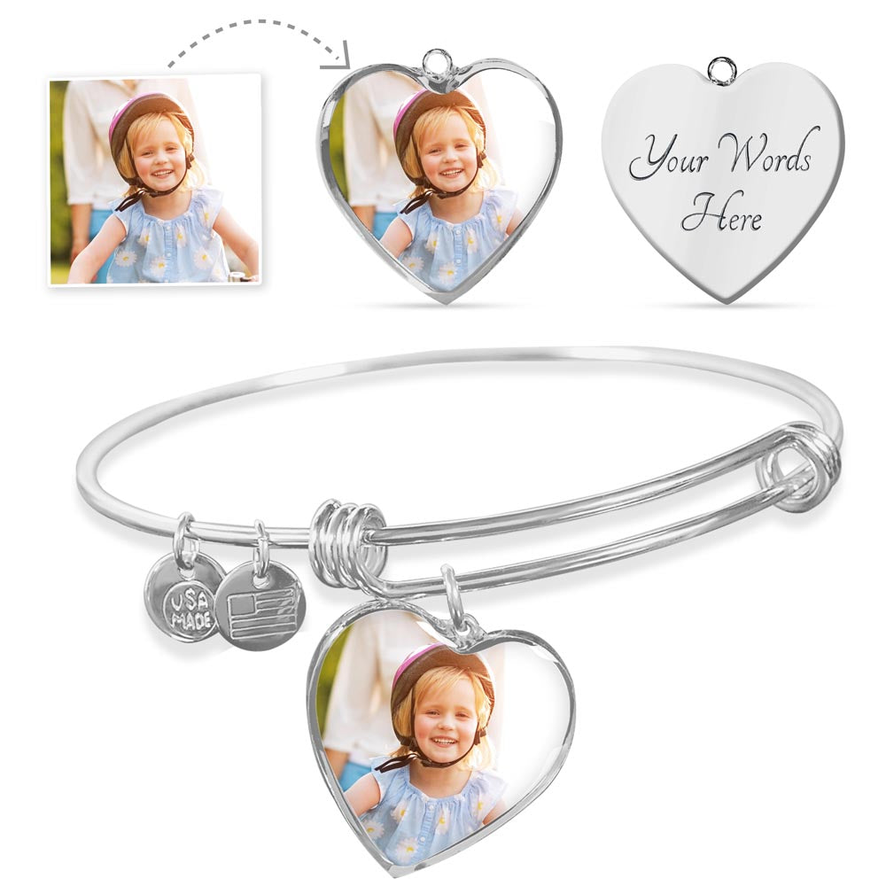 "Heart Charm Bracelet with Custom Photo & Engraving – Gift for Her"