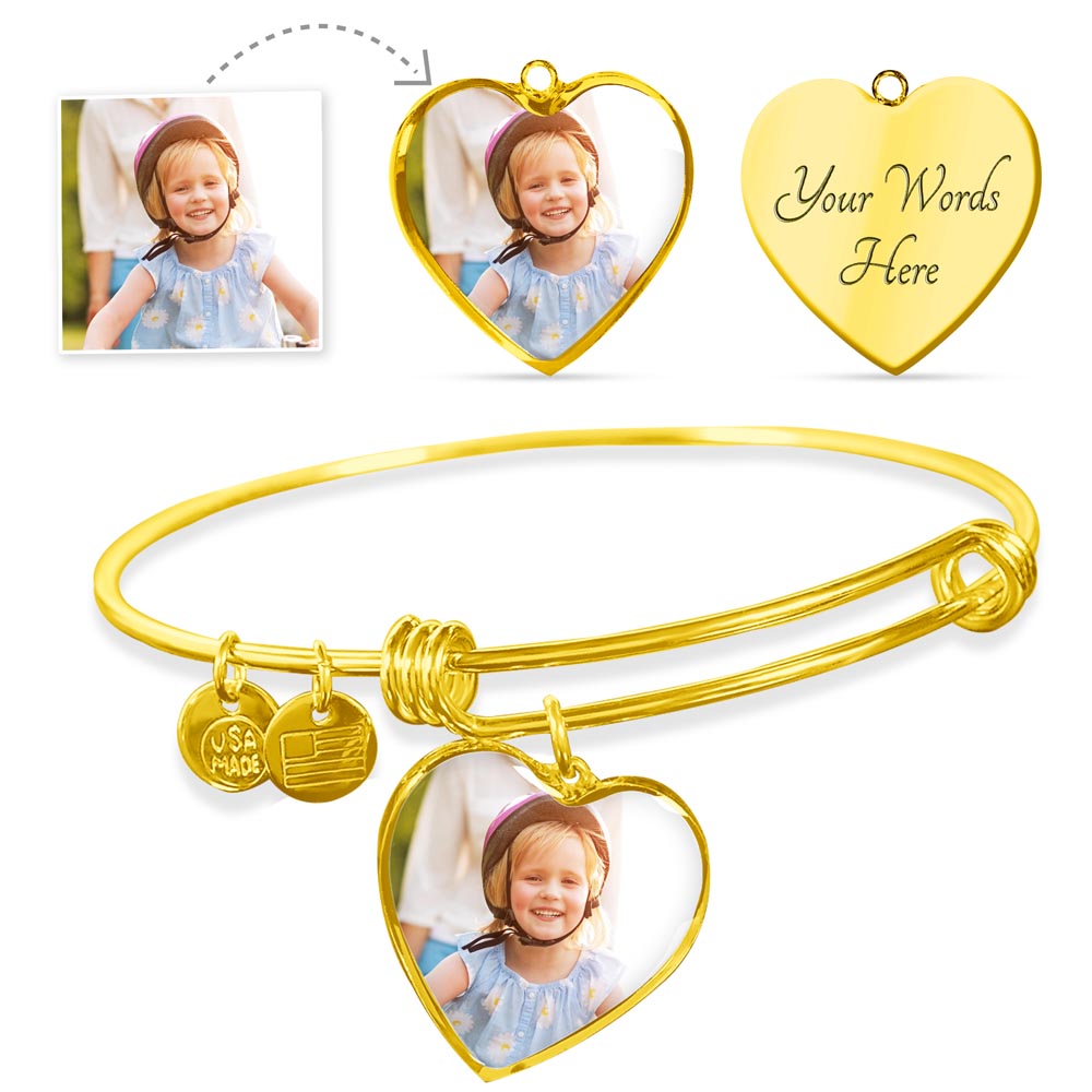 "Heart Charm Bracelet with Custom Photo & Engraving – Gift for Her"