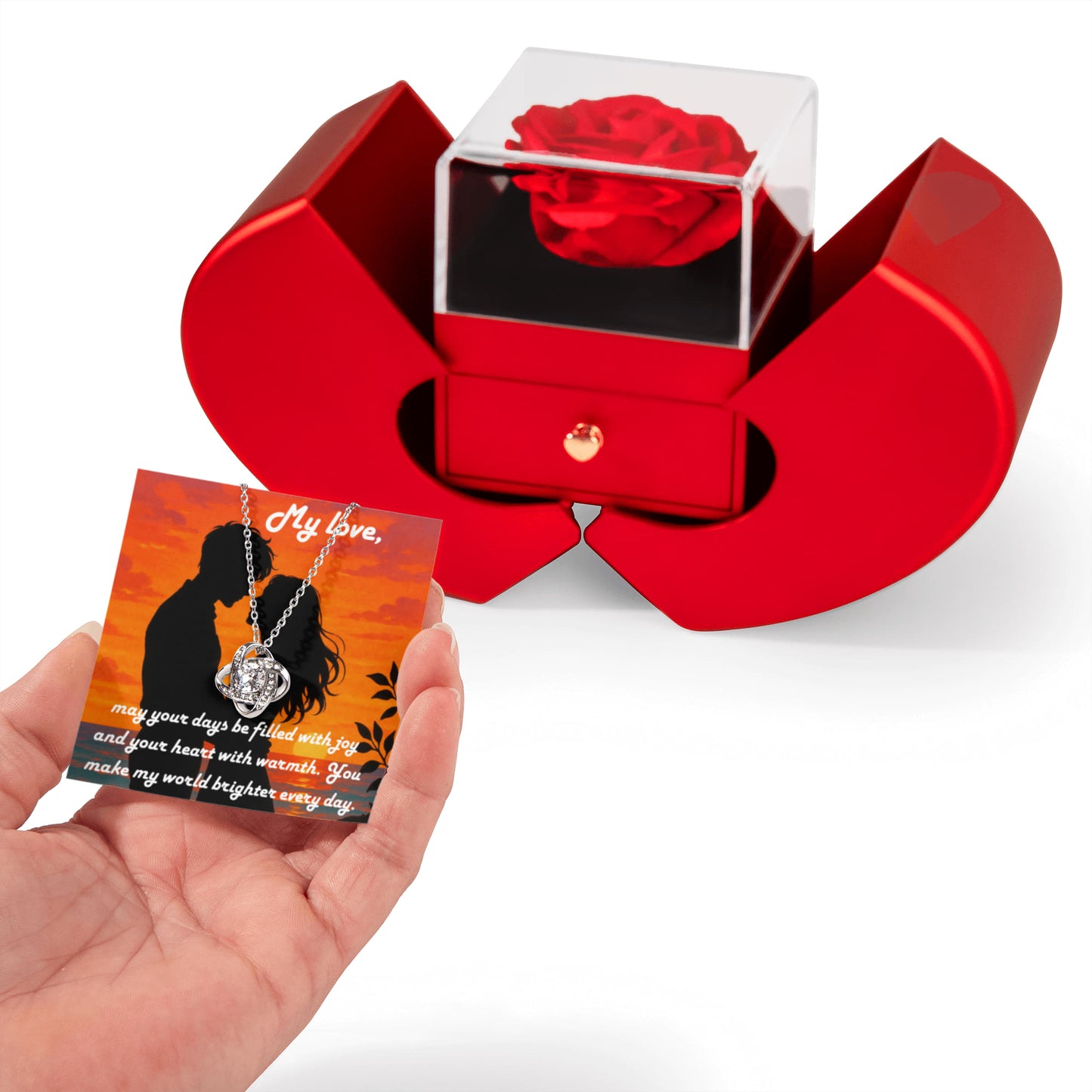 Love Knot Necklace with Red Heart Rose Box