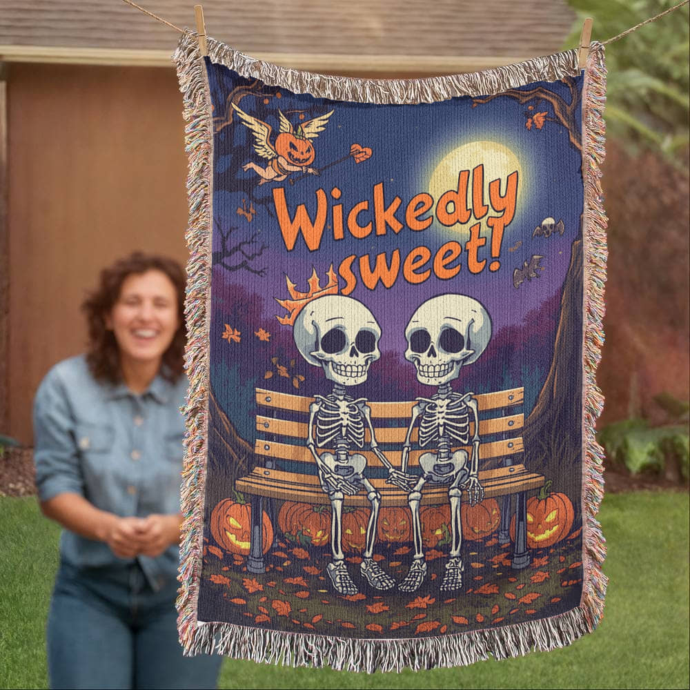 "Wickedly Sweet" Skeleton Couple Woven Tapestry Throw Blanket - Halloween Romance Gift