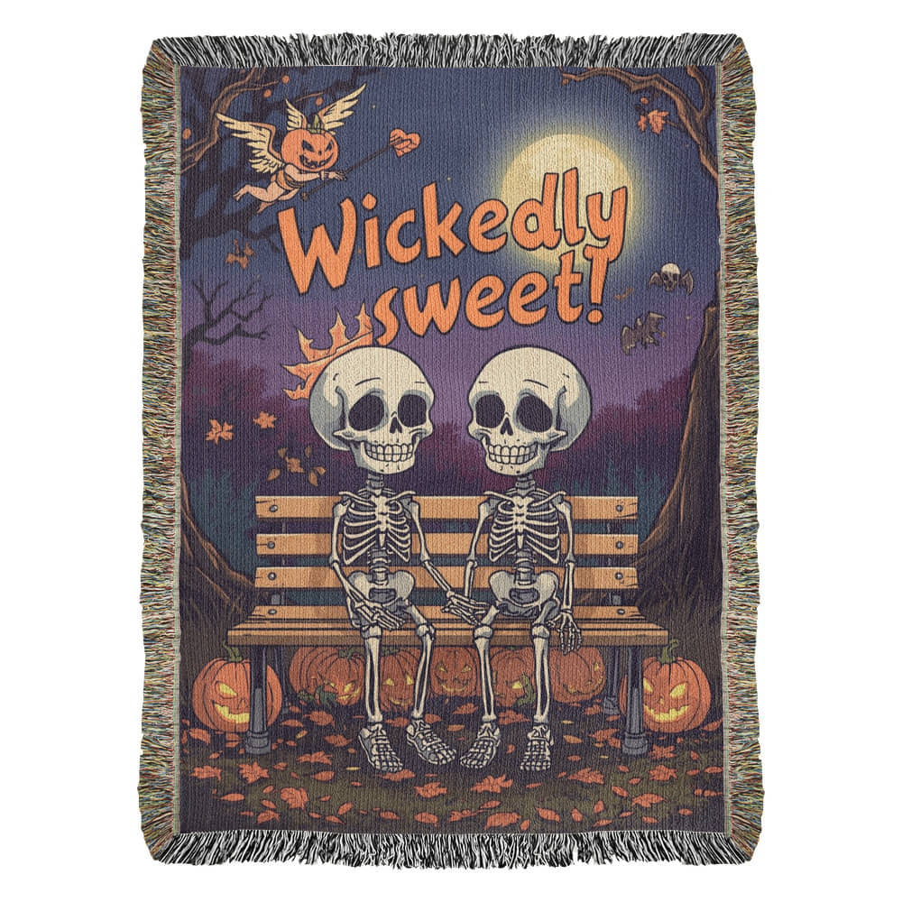 "Wickedly Sweet" Skeleton Couple Woven Tapestry Throw Blanket - Halloween Romance Gift