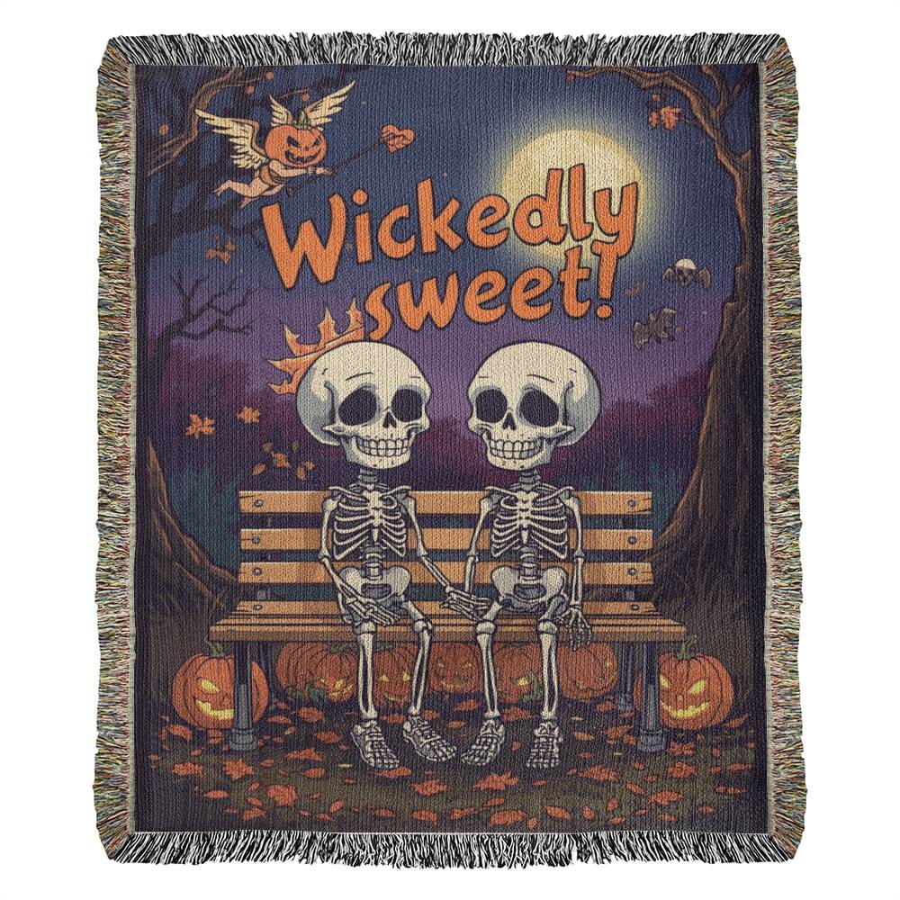 "Wickedly Sweet" Skeleton Couple Woven Tapestry Throw Blanket - Halloween Romance Gift
