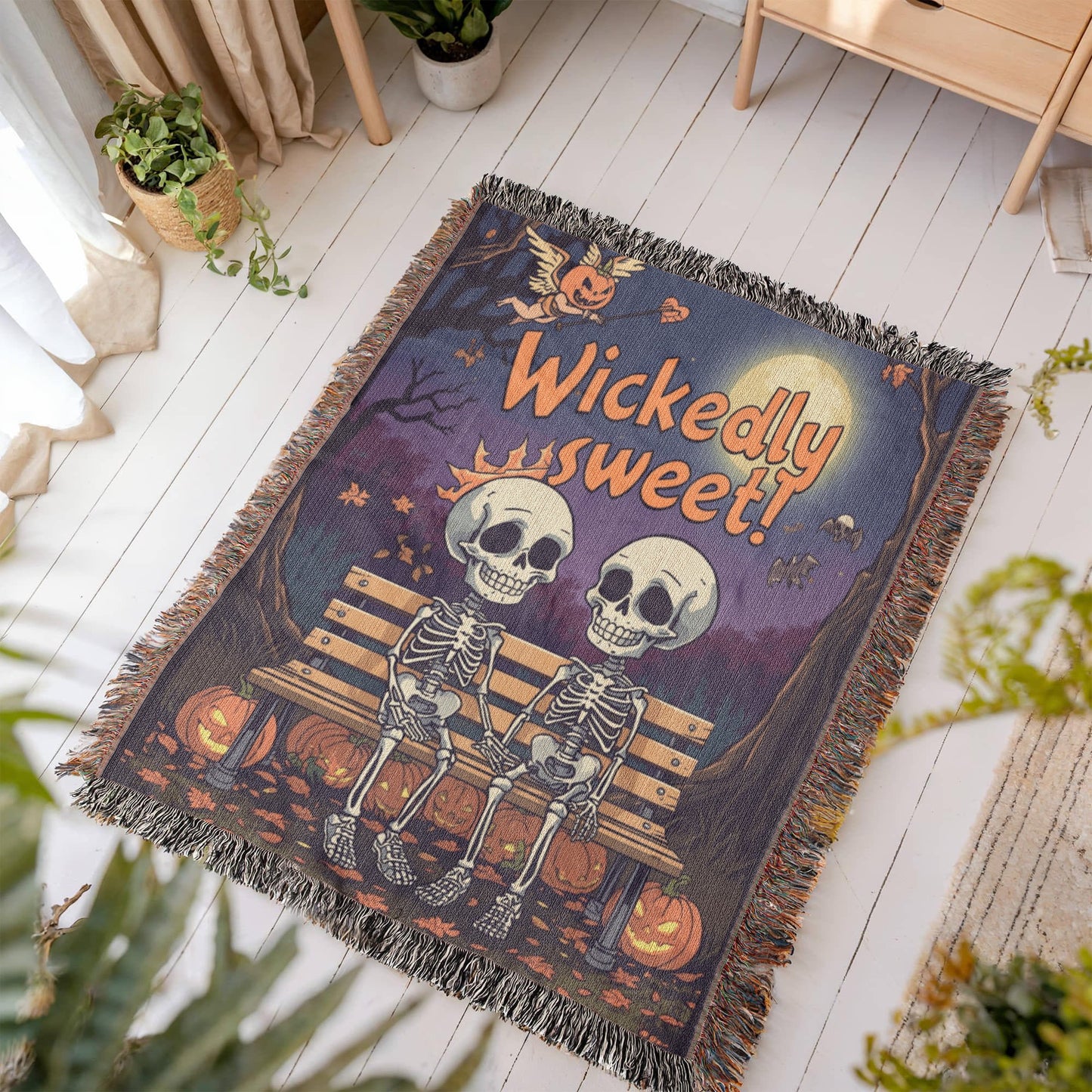 "Wickedly Sweet" Skeleton Couple Woven Tapestry Throw Blanket - Halloween Romance Gift