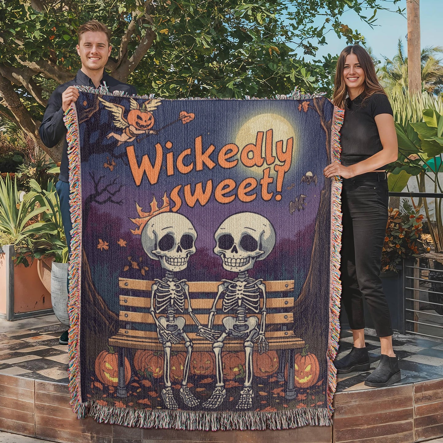 "Wickedly Sweet" Skeleton Couple Woven Tapestry Throw Blanket - Halloween Romance Gift