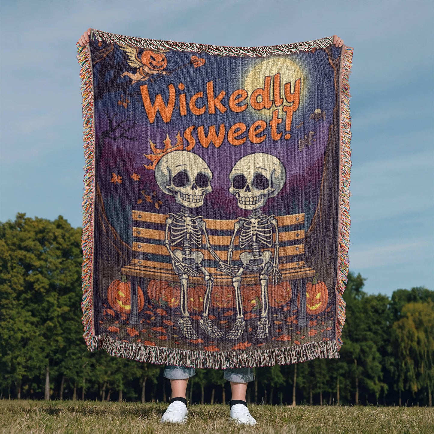 "Wickedly Sweet" Skeleton Couple Woven Tapestry Throw Blanket - Halloween Romance Gift