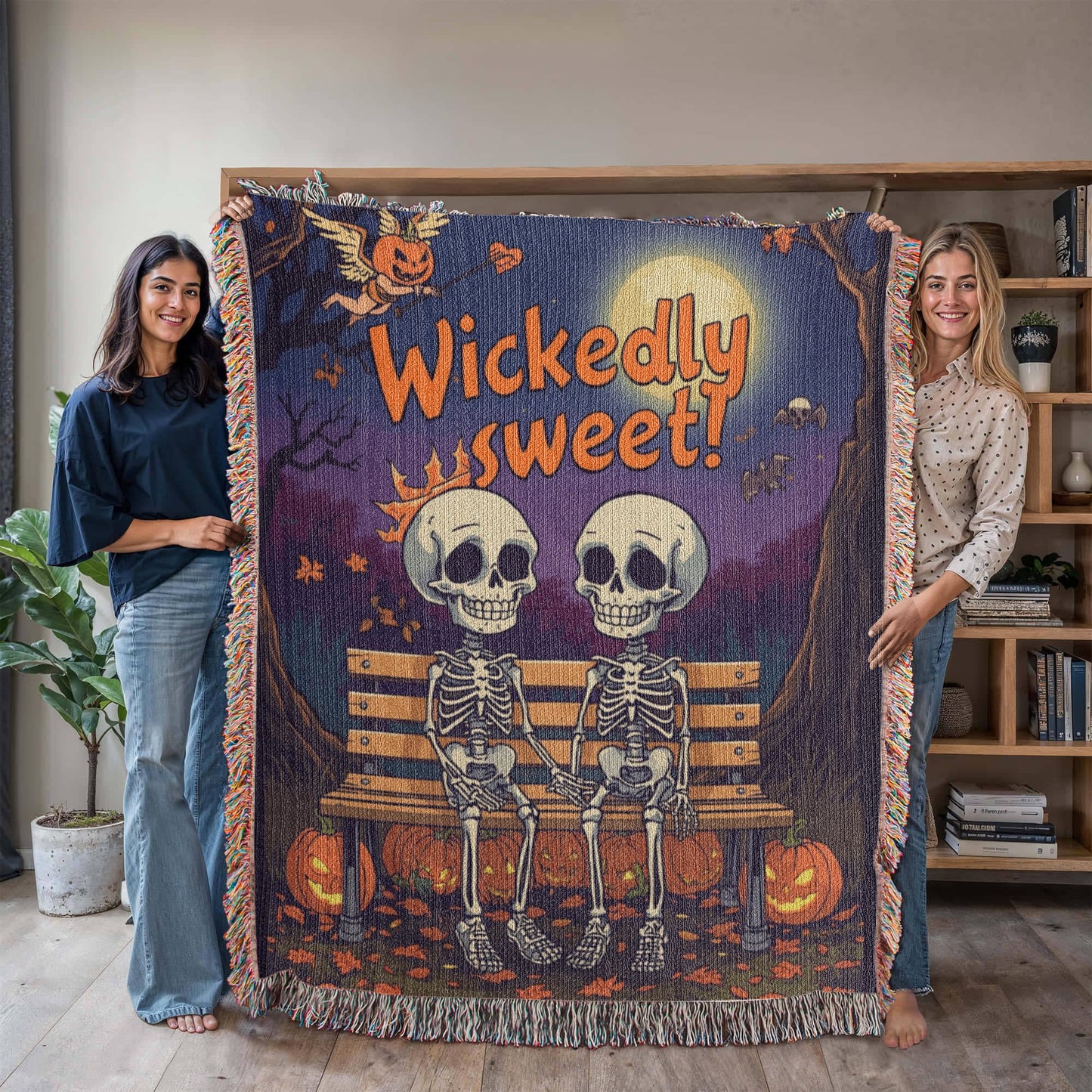 "Wickedly Sweet" Skeleton Couple Woven Tapestry Throw Blanket - Halloween Romance Gift