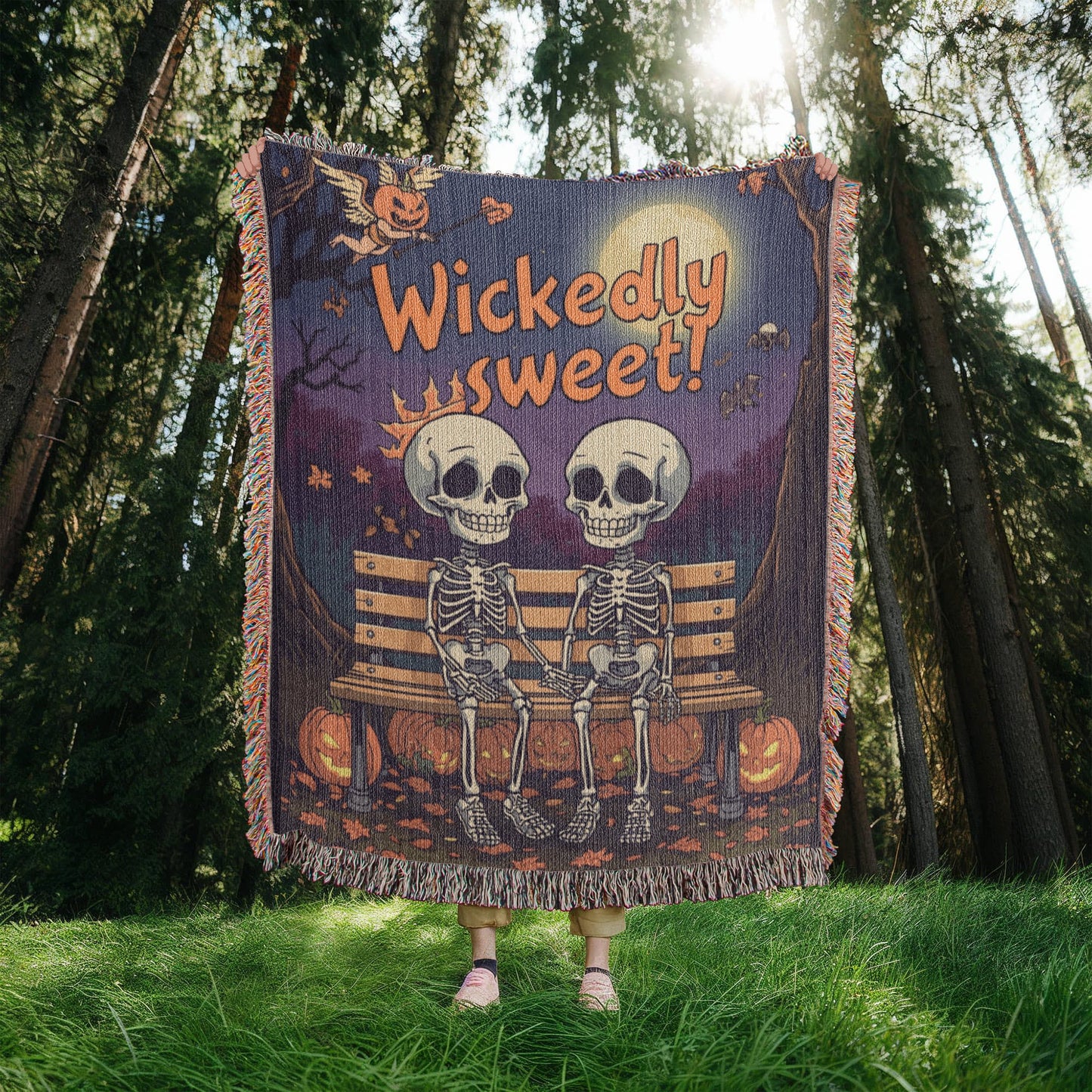 "Wickedly Sweet" Skeleton Couple Woven Tapestry Throw Blanket - Halloween Romance Gift