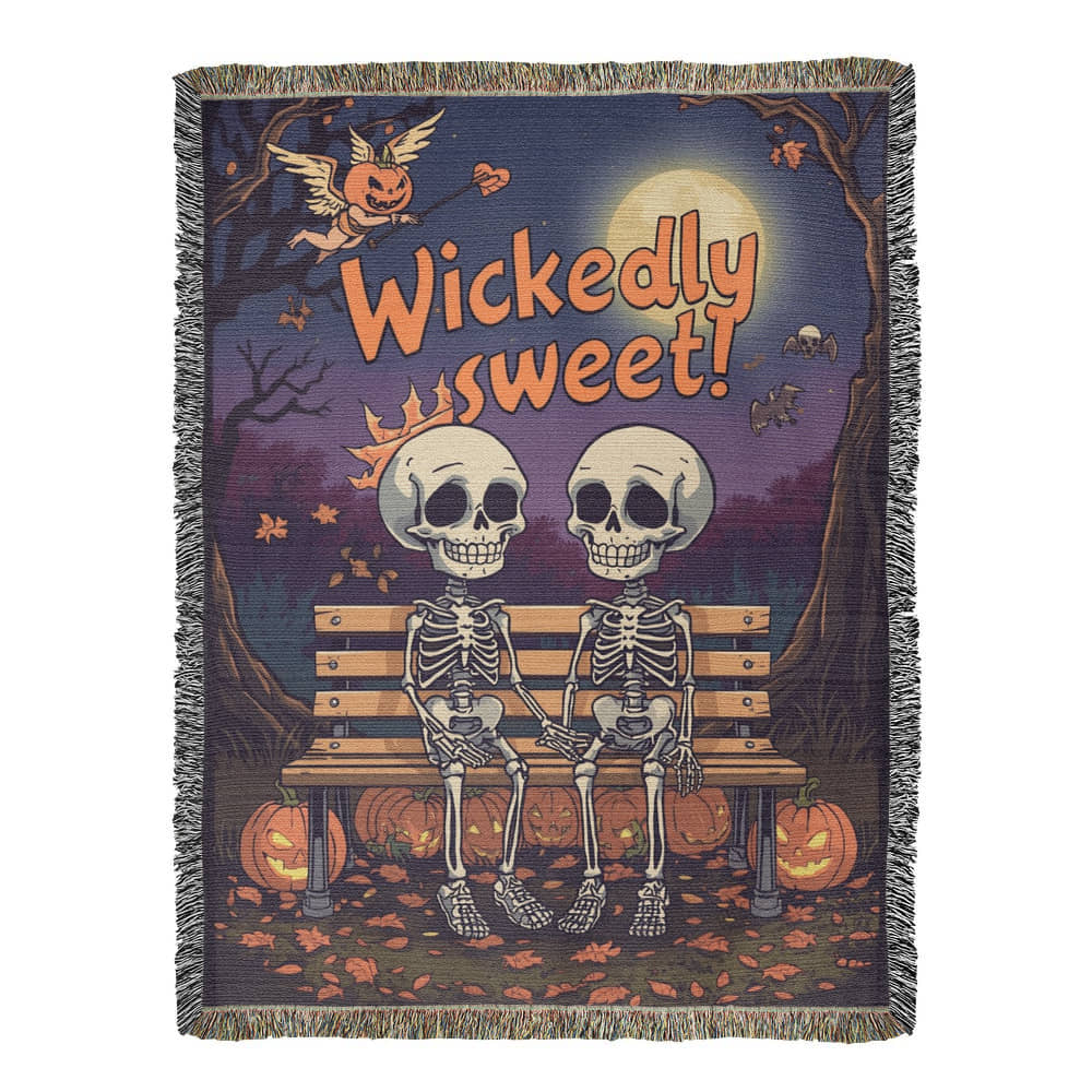 "Wickedly Sweet" Skeleton Couple Woven Tapestry Throw Blanket - Halloween Romance Gift