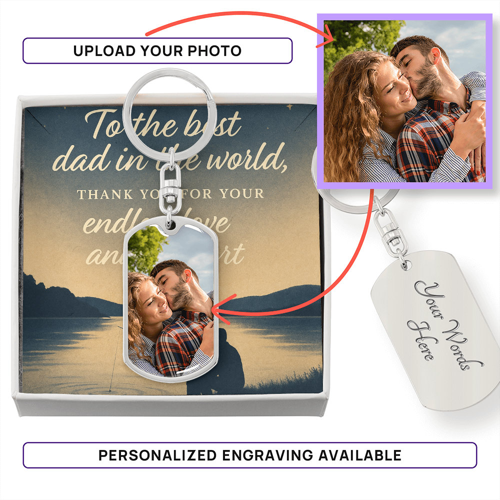 "Custom Photo Keychain Gift for Dad – Personalized Engraving & Message Card"